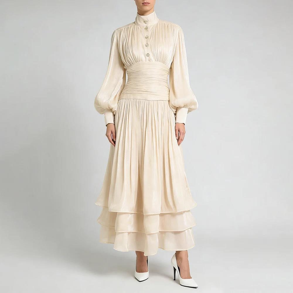 Women's High Neck Maxi Dress Puff Sleeve Ruched Champagne