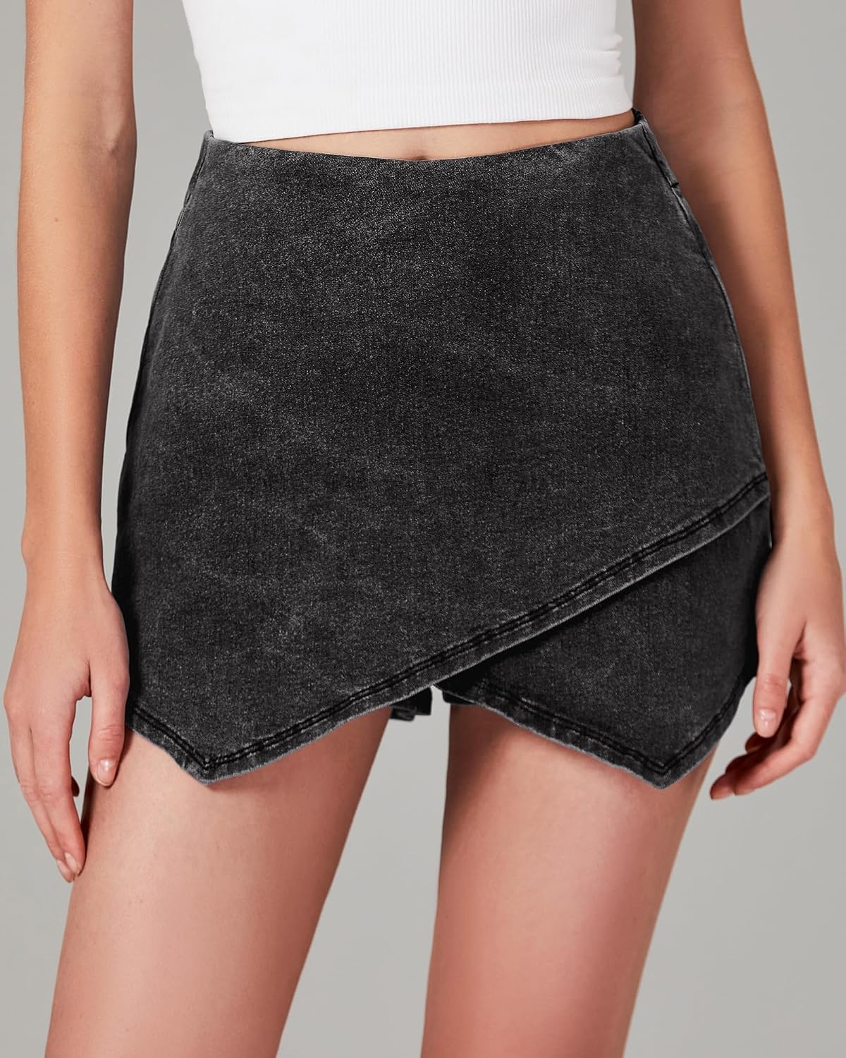 Jean Skorts for Woman High Waisted Pull On Stretchy Denim Wrap Skirt with Shorts Asymmetrical Skort