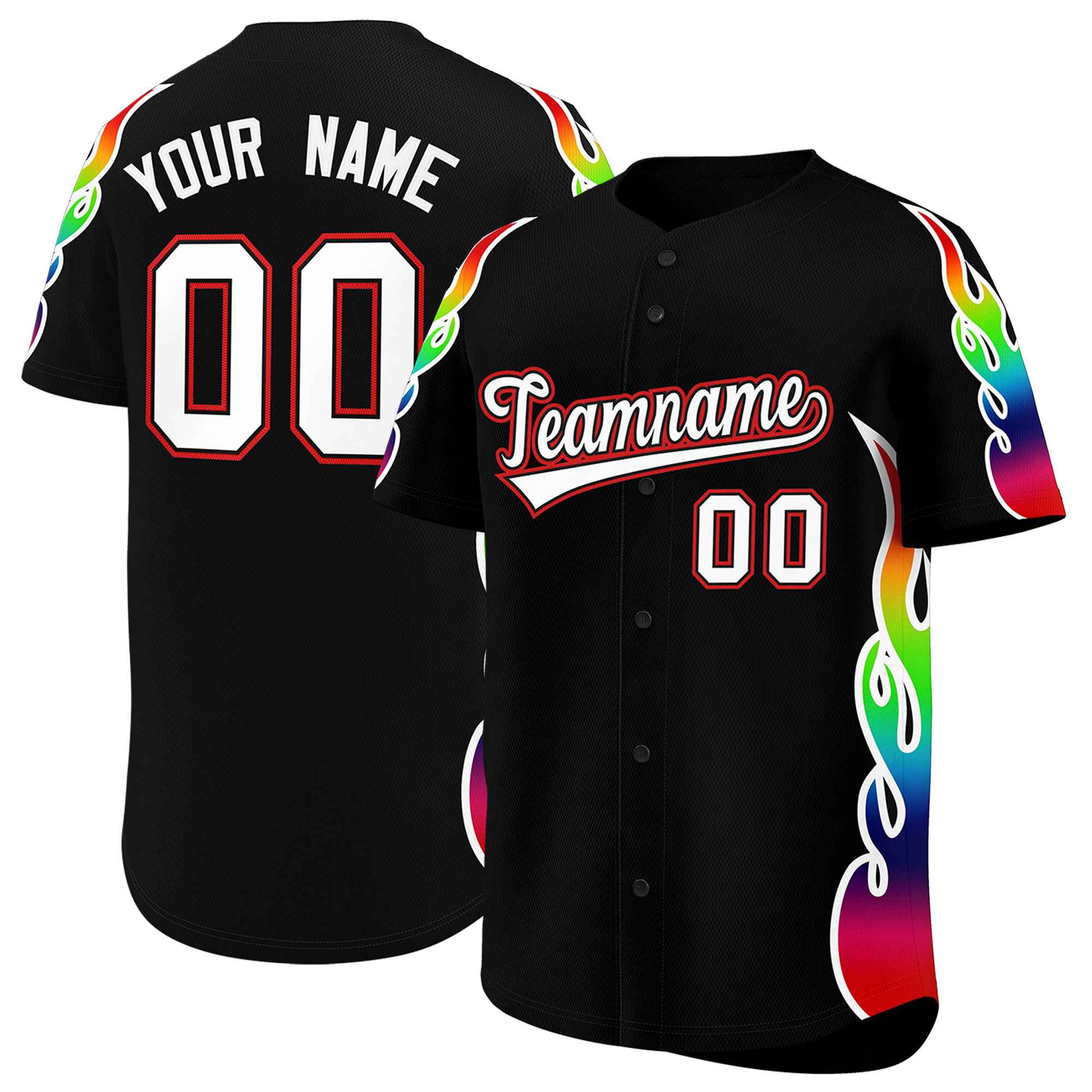 Benutzerdefiniertes Graffiti-Muster, personalisierter mehrfarbiger Flammendruck, authentisches Baseball-Trikot
