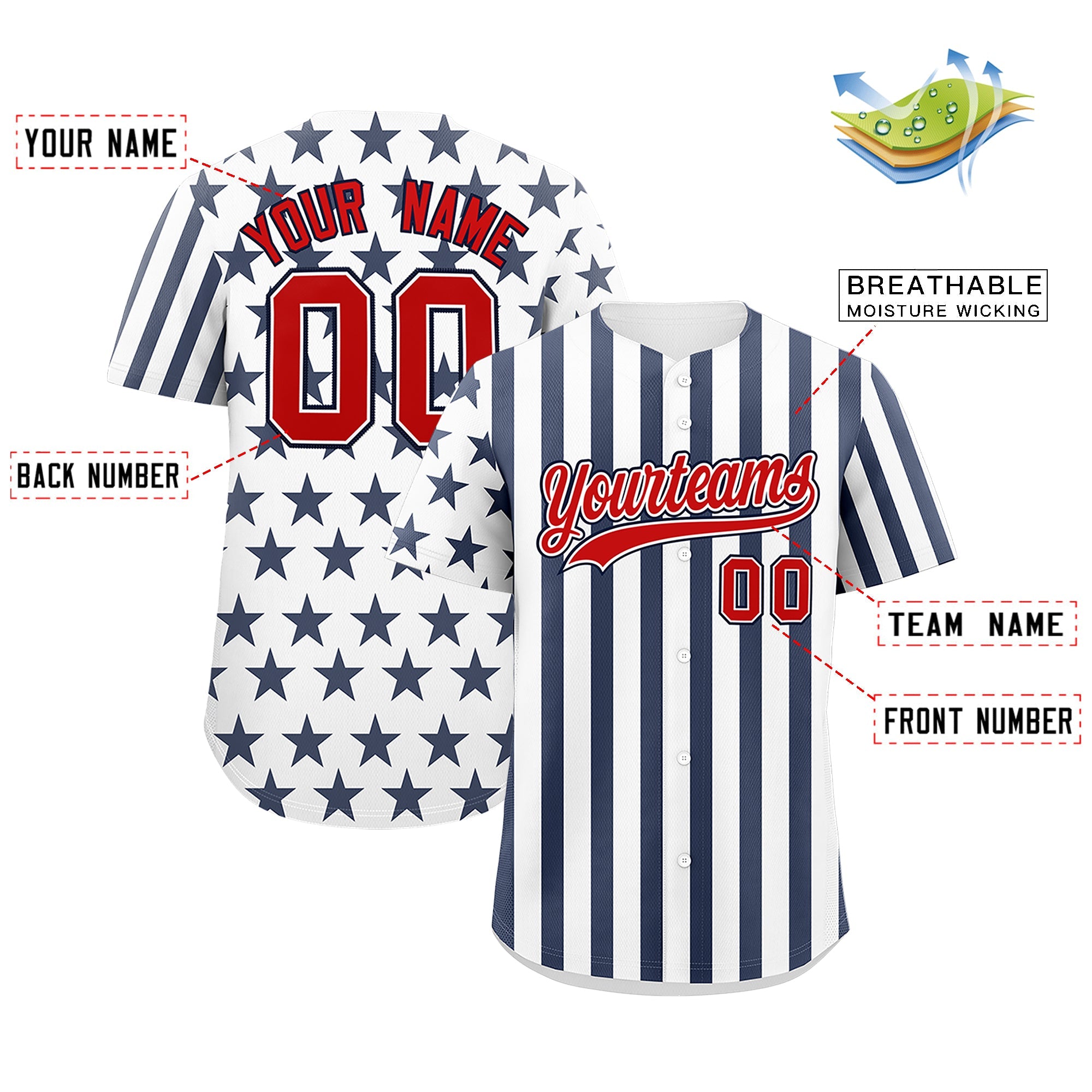 Benutzerdefiniertes Graffiti-Muster-Baseball-Trikot mit amerikanischer Flagge