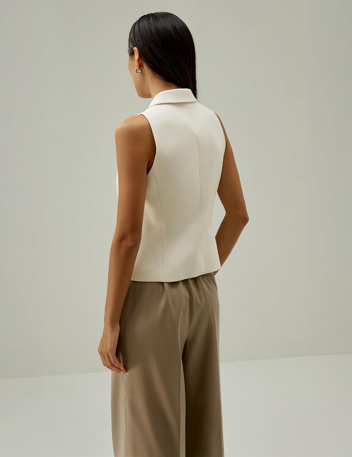 Women's Lapel Collar Silk Blazer Vest Button Front Ivory