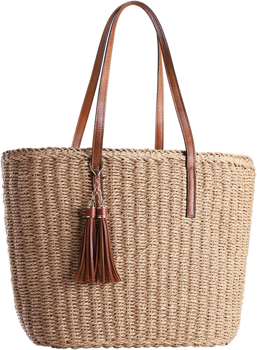 Women's Straw Tote Bag Beige Tassel