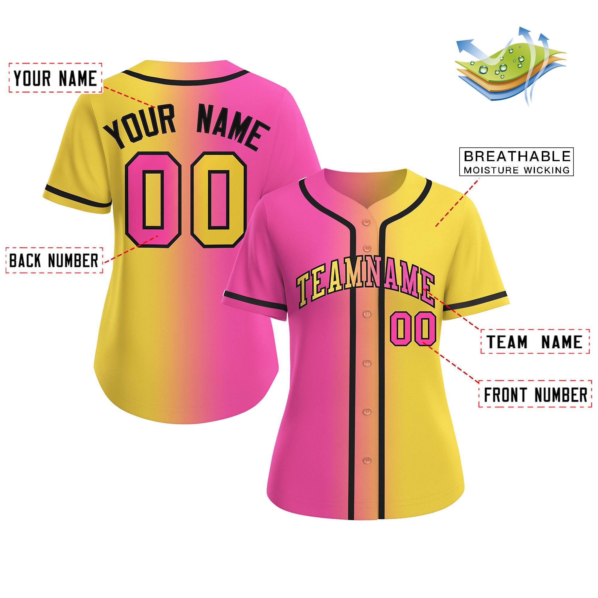 Benutzerdefiniertes, modisches Baseball-Trikot mit Farbverlauf für Damen