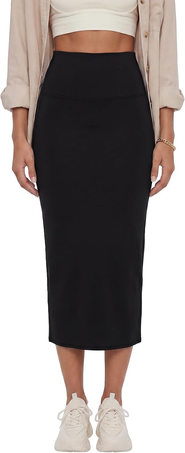 Women's Pencil Midi Skirt High Waist Stretch Black