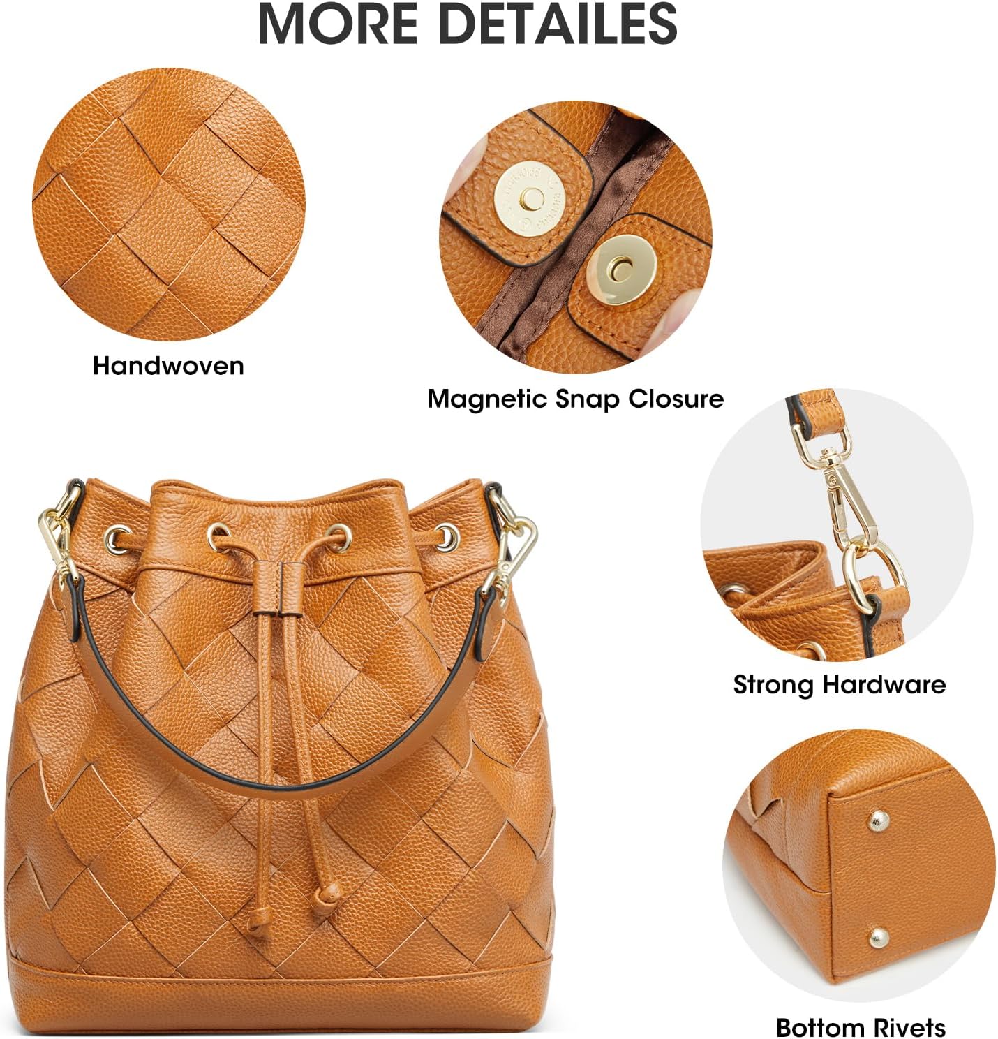 Women's Woven Leather Bucket Tote Bag Brown