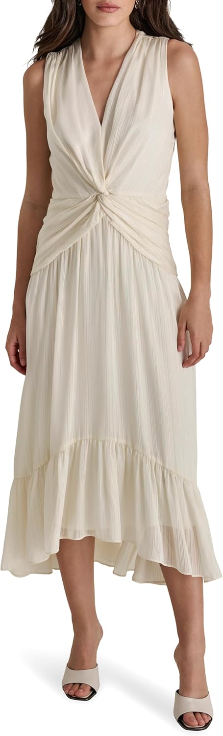 Womens V-Neck Twist Front Sleeveless Dress