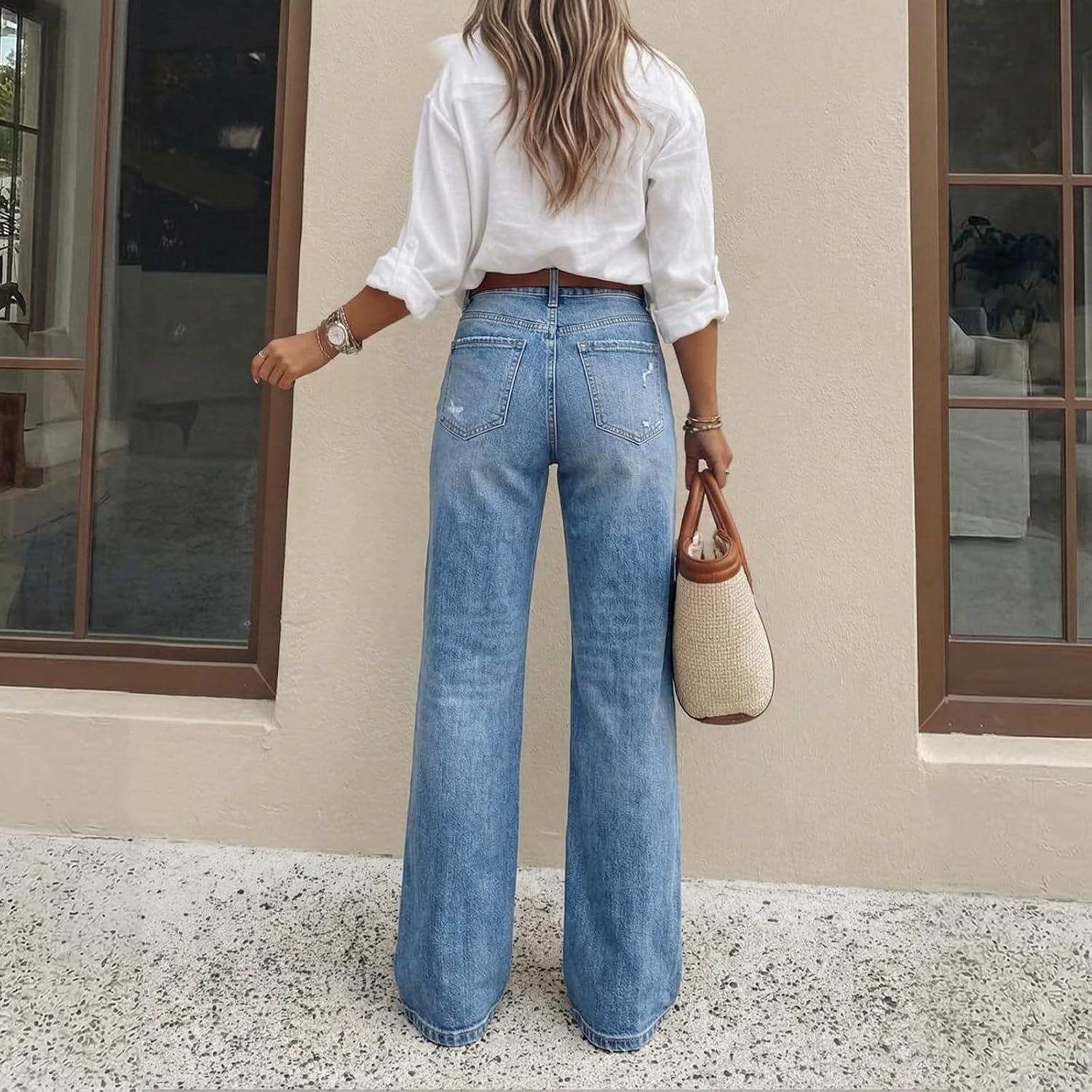 Women's High Waisted Wide Leg Jeans Light Wash Distressed