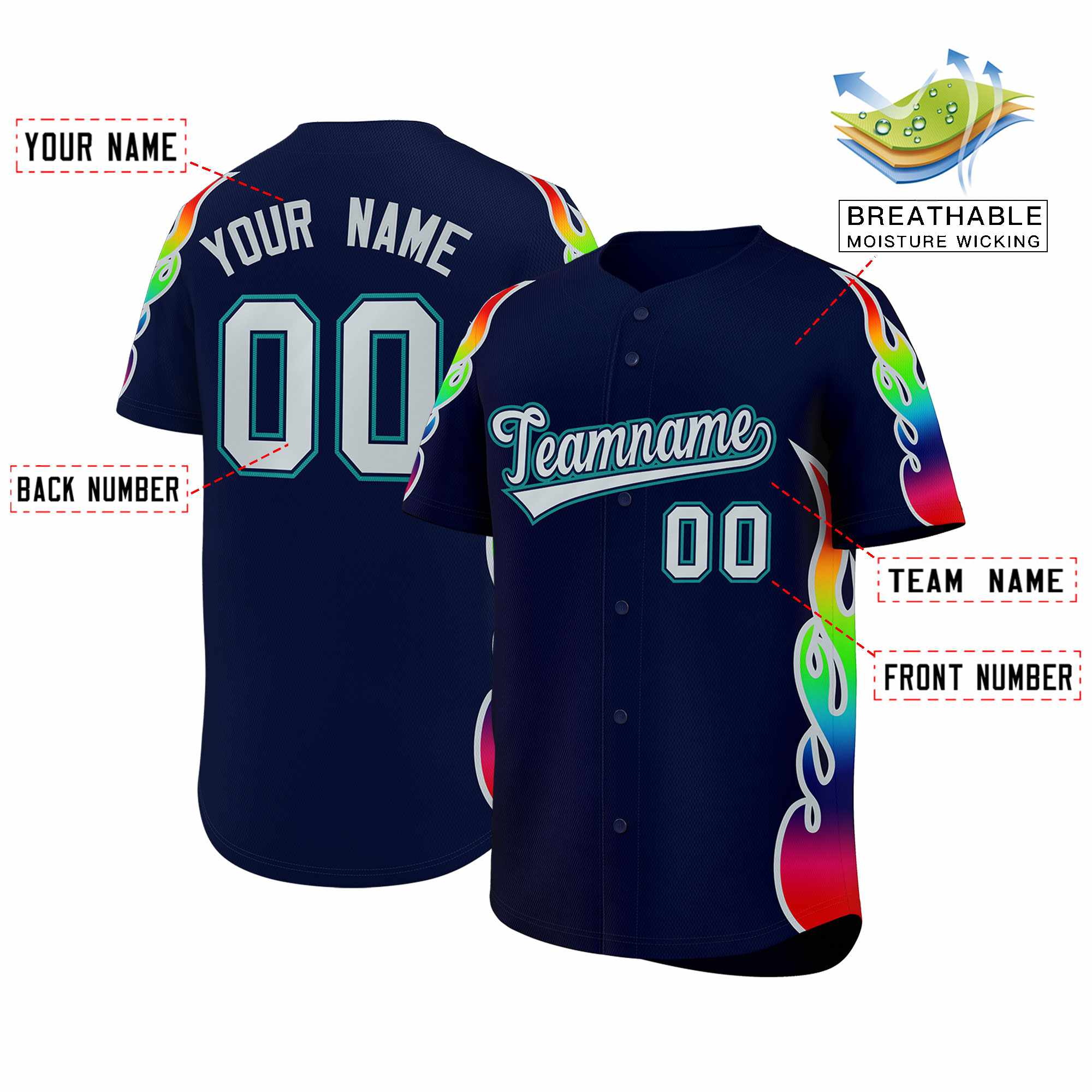 Benutzerdefiniertes Graffiti-Muster, personalisierter mehrfarbiger Flammendruck, authentisches Baseball-Trikot