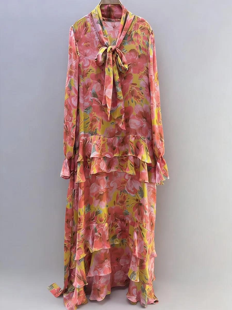Women's Floral Tie Neck Maxi Dress Long Sleeve Ruffle