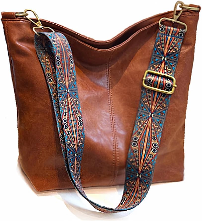 Women's Brown Hobo Crossbody Bag with Boho Guitar Strap