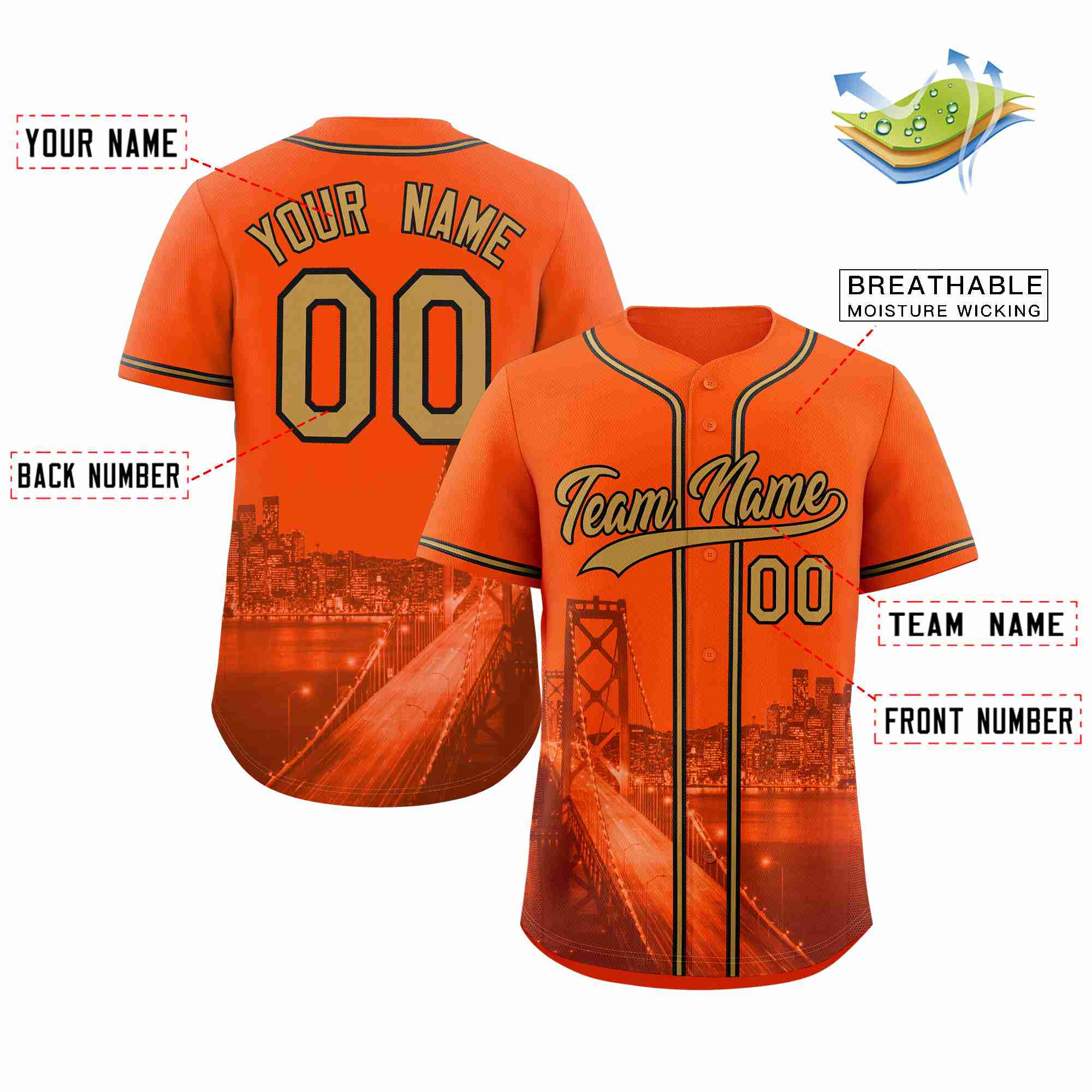 Benutzerdefinierte altgold-schwarze San Francisco City Skyline Baseball-Trikot