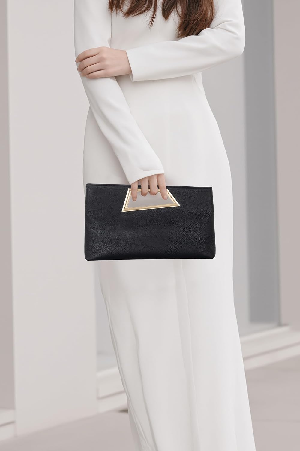 Women's PU Leather Clutch with Gold Cutout Handle Black Women's PU Leather Clutch with Gold Cutout Handle Black