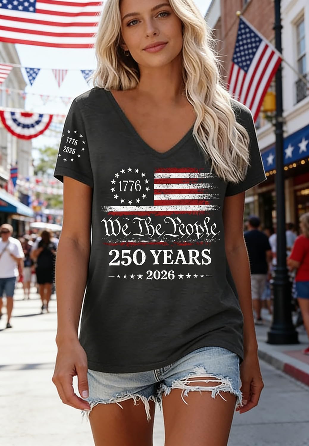 Women's American Flag Graphic V Neck T-Shirt Gray
