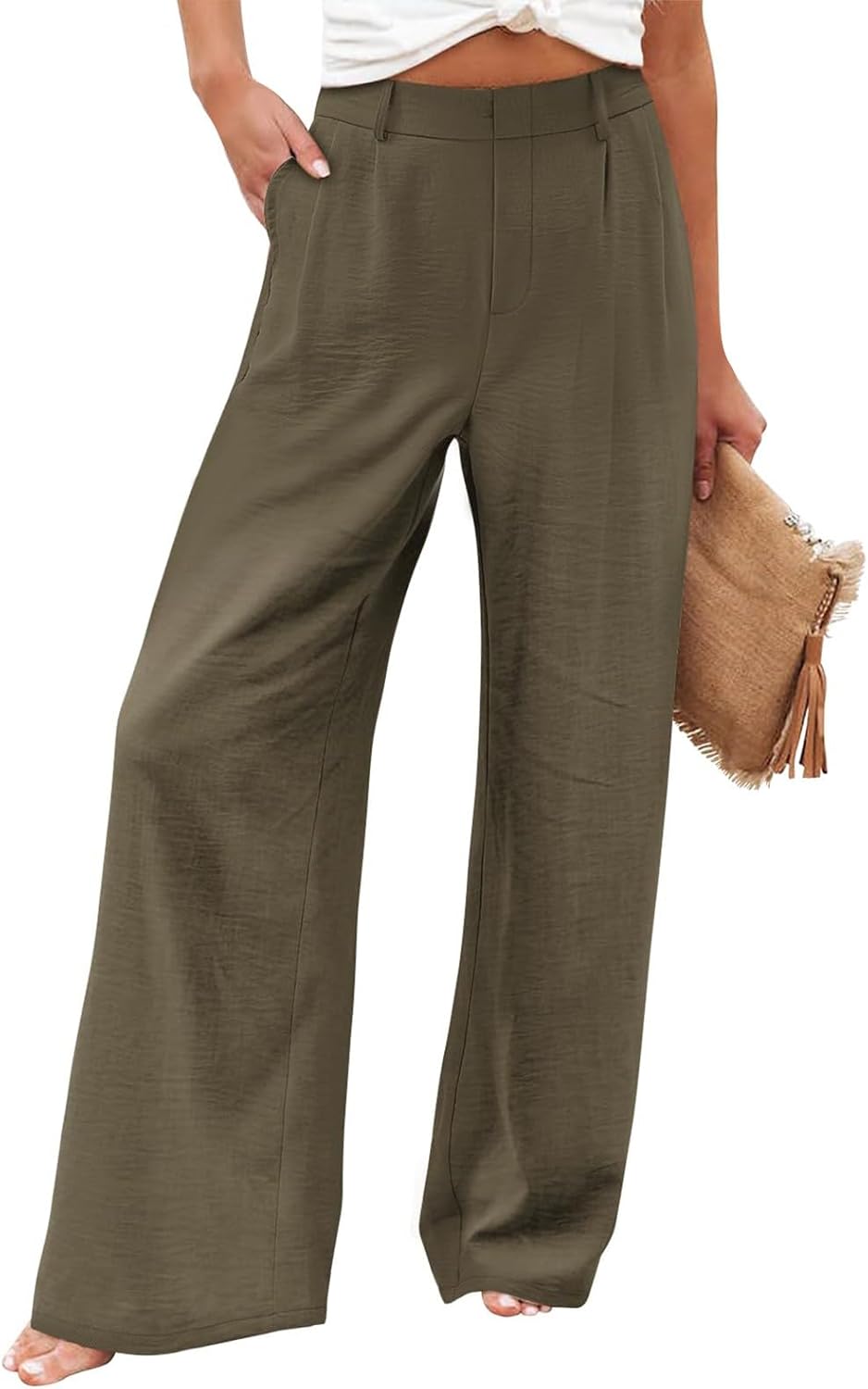 High Waisted Linen Pants Women Summer Wide Leg Cotton Palazzo with Pockets Comfy Long Work Trousers
