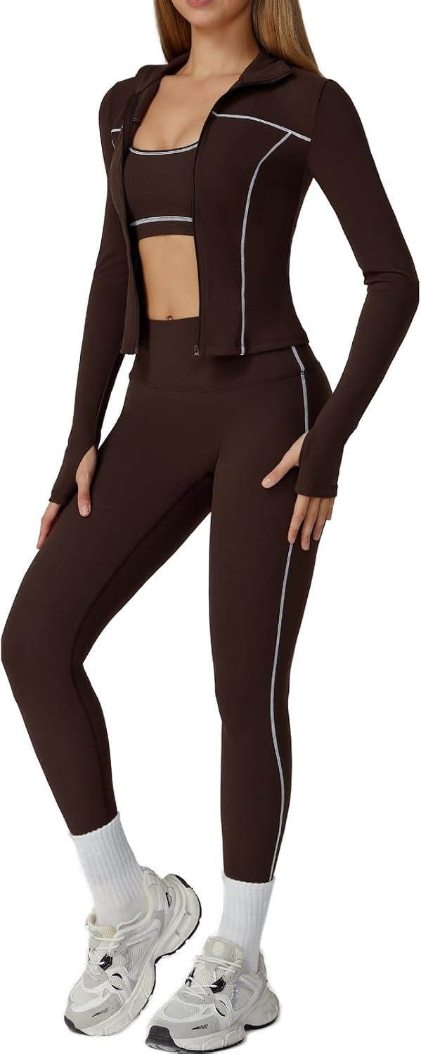 Women's 3 Piece Zip Jacket Bra Leggings Set Coffee