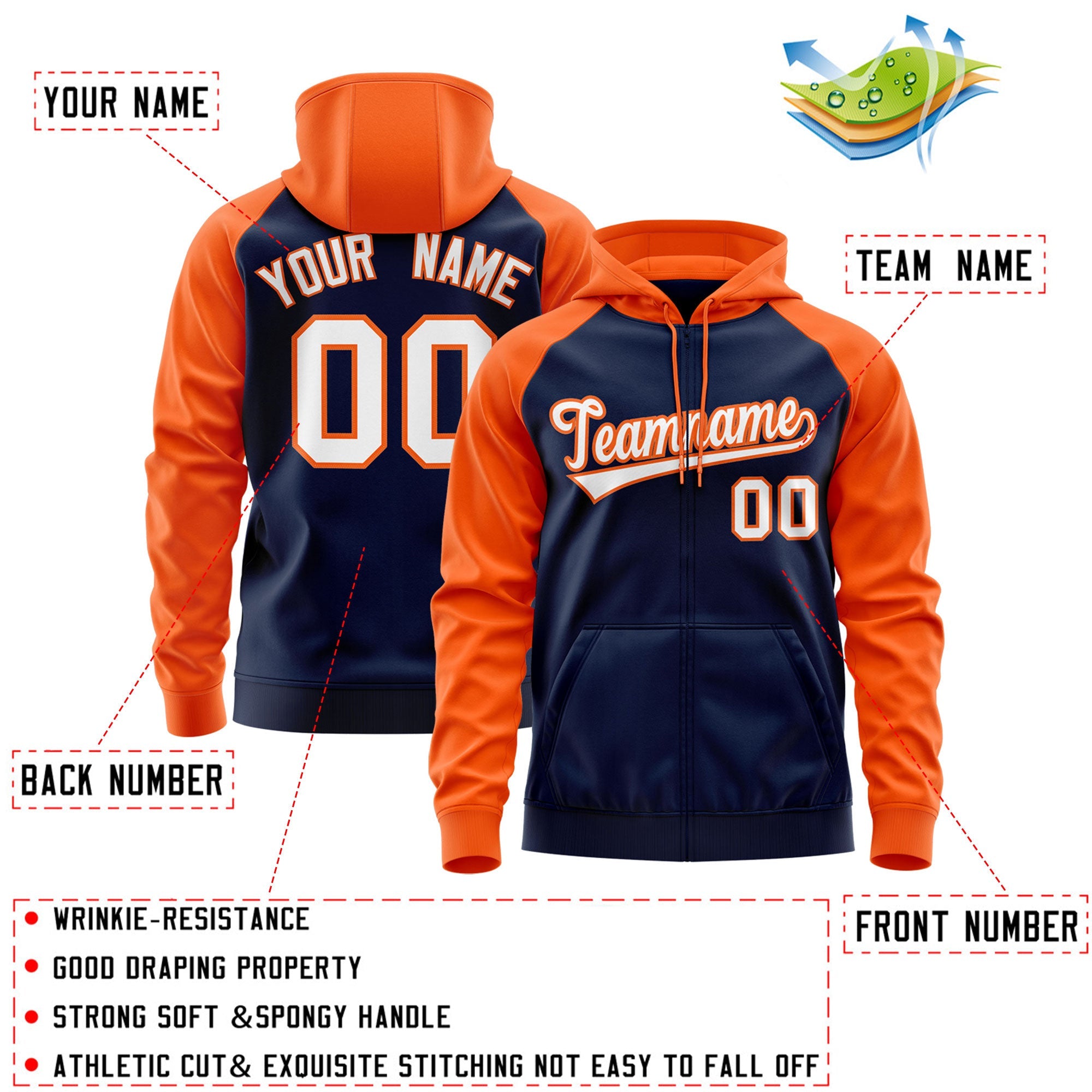Individuell genähter Sport-Sweatshirt-Hoodie mit Raglanärmeln in Marineblau und Weiß-Orange