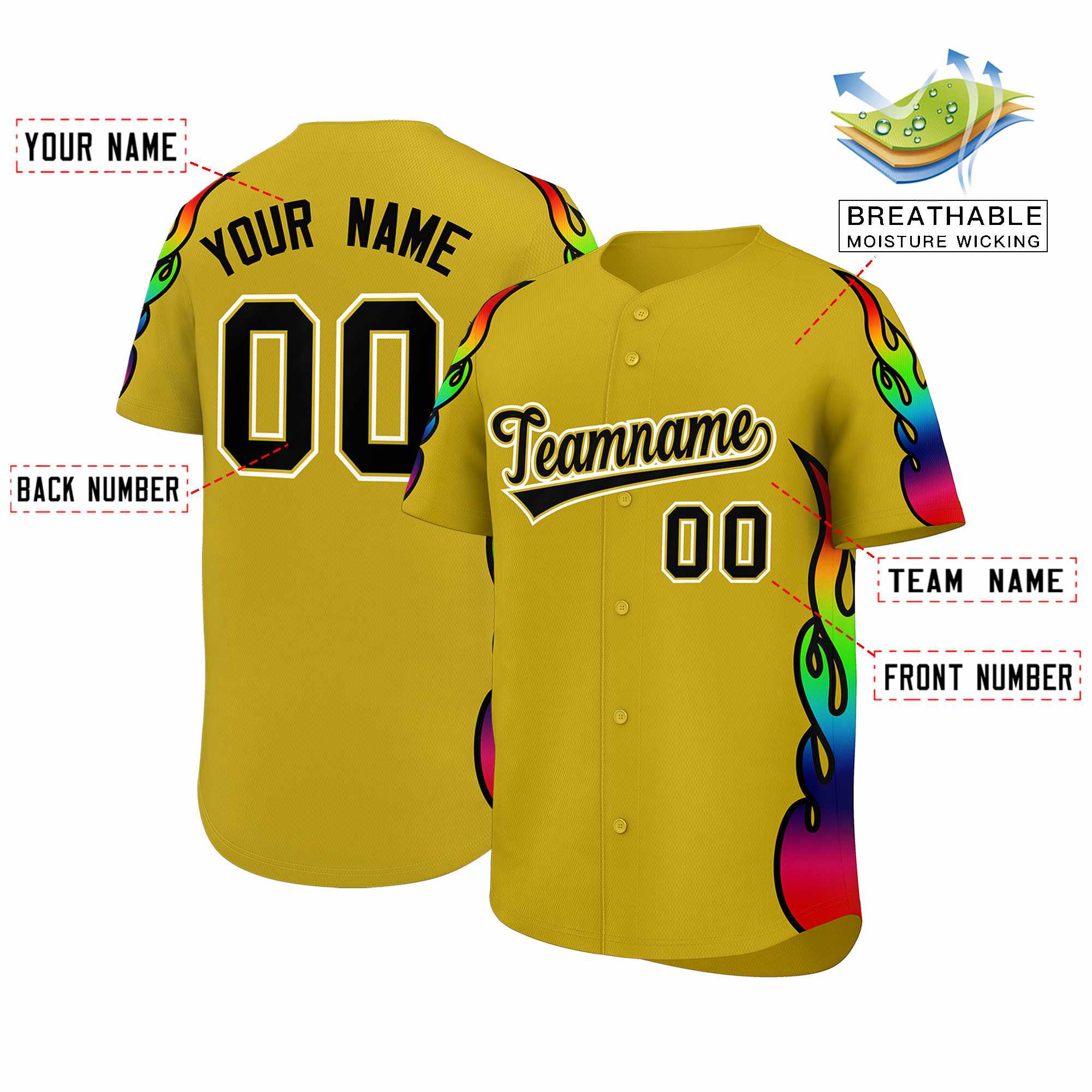 Benutzerdefiniertes Graffiti-Muster, personalisierter mehrfarbiger Flammendruck, authentisches Baseball-Trikot