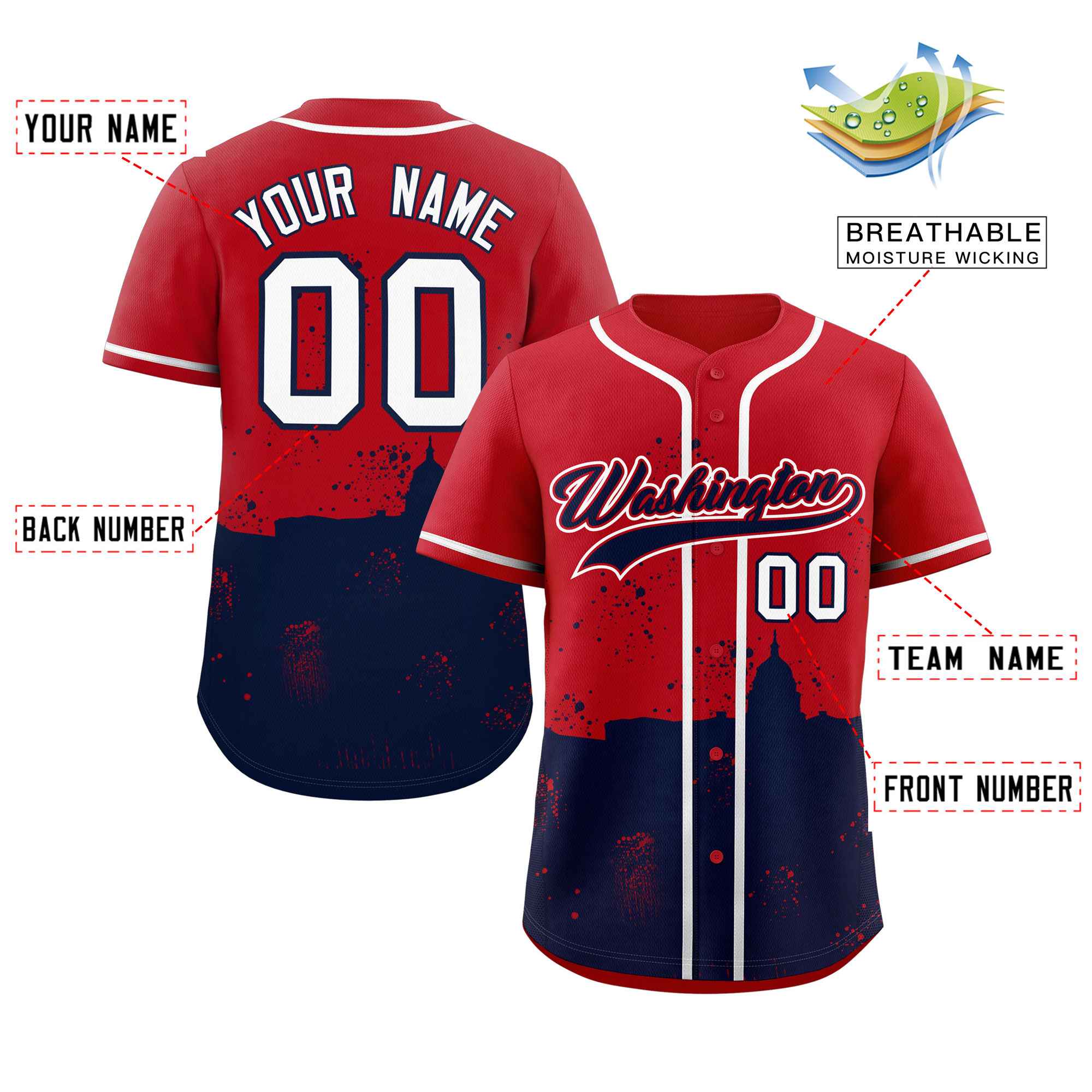 Benutzerdefiniertes, personalisiertes Washington City Nightscape Authentisches Baseball-Trikot der Roten Marine Benutzerdefiniertes, personalisiertes Washington City Nightscape Authentisches Baseball-Trikot der Roten Marine