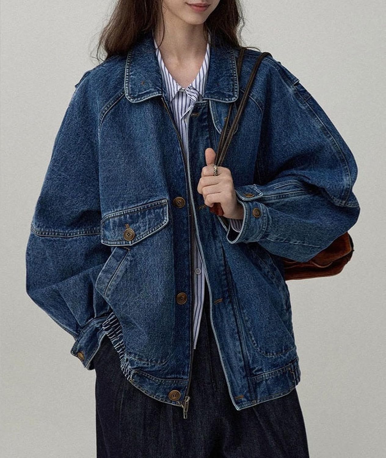 Women Oversized Jean Jacket Zip Up Denim Trucker Boyfriend Pilot Coat Y2k Baggy Jackets Fall Outwear