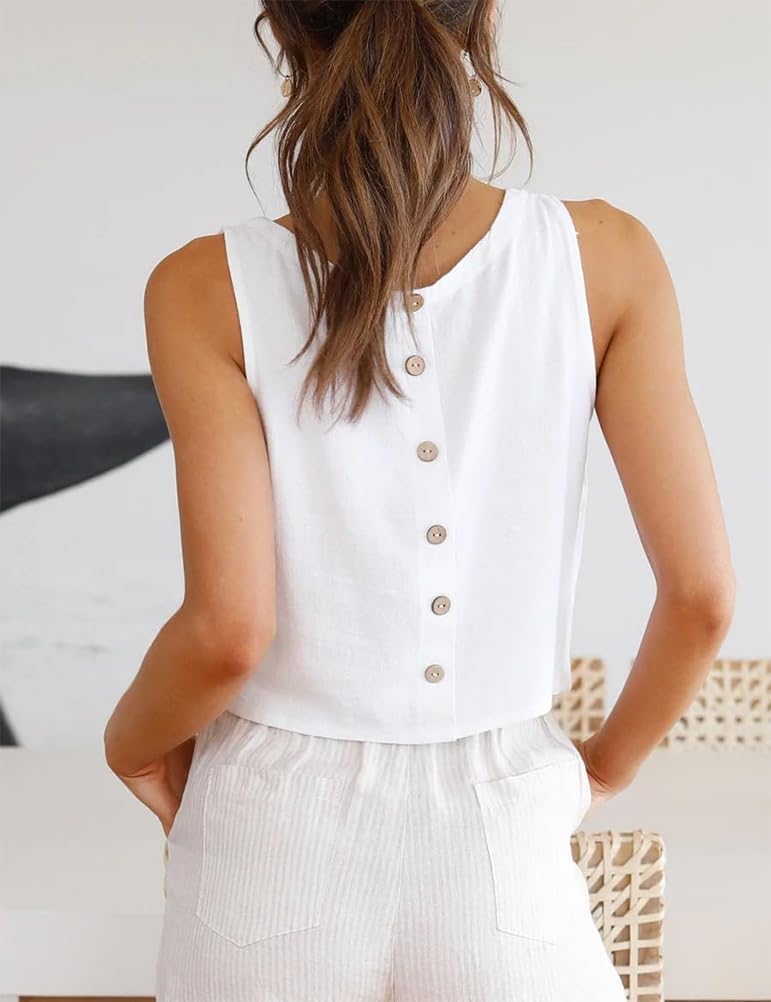 Womens Linen Crop Tops Summer Casual Cotton Sleeveless Tank