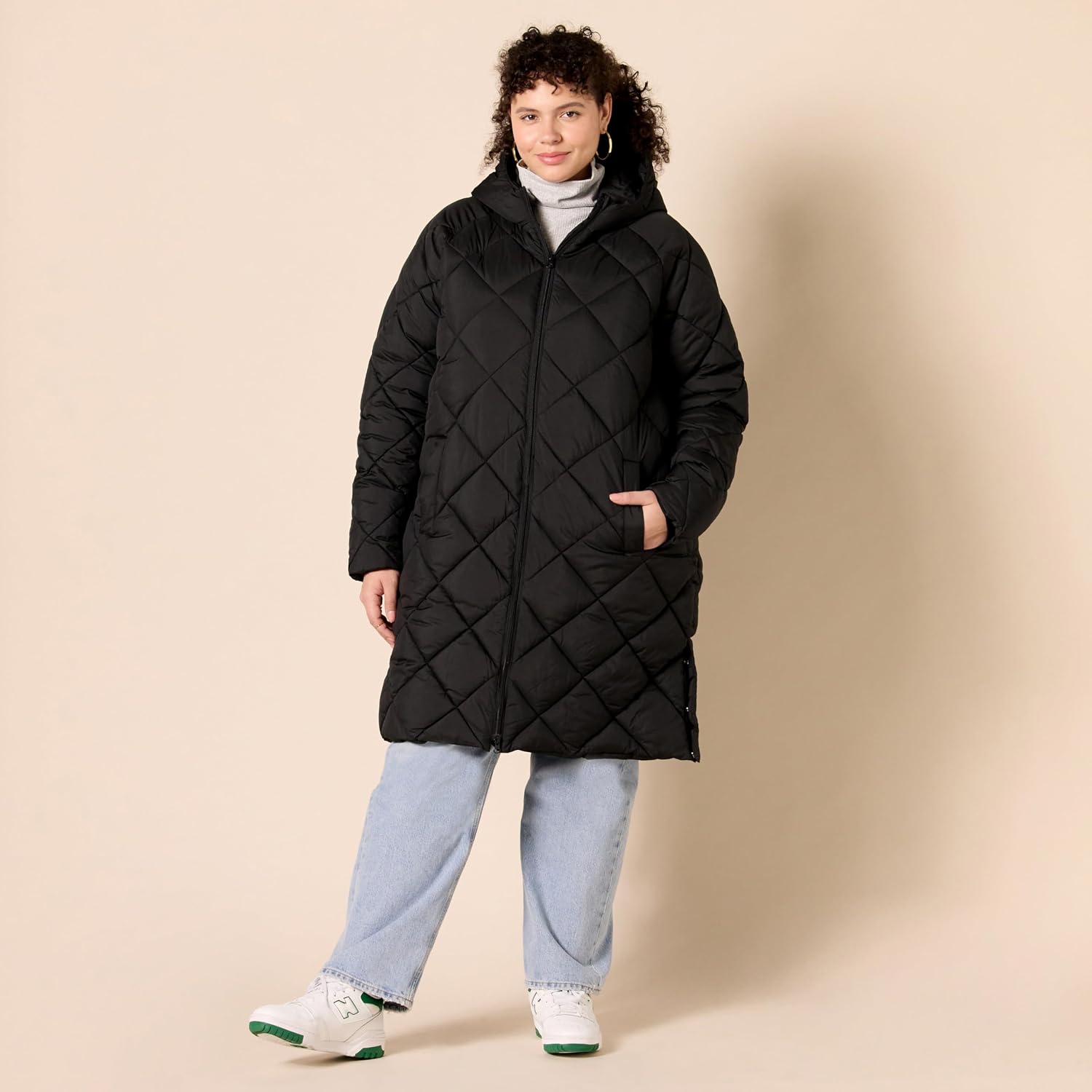Women's Diamond Quilted Knee Length Hooded Puffer Coat Black Women's Diamond Quilted Knee Length Hooded Puffer Coat Black