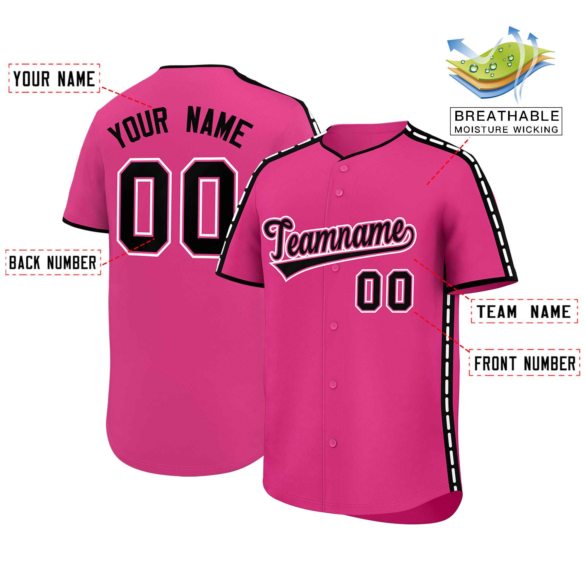 Authentisches Baseball-Trikot mit individuellem Farbblock, personalisierter seitlicher gepunkteter Linie