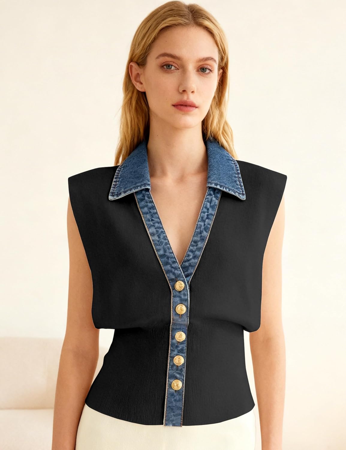 Women's Denim Trim Button Down Sweater Vest