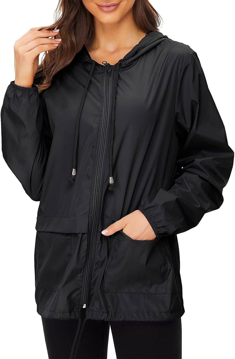 Women's Hooded Rain Jacket Waterproof Bomber Style Black