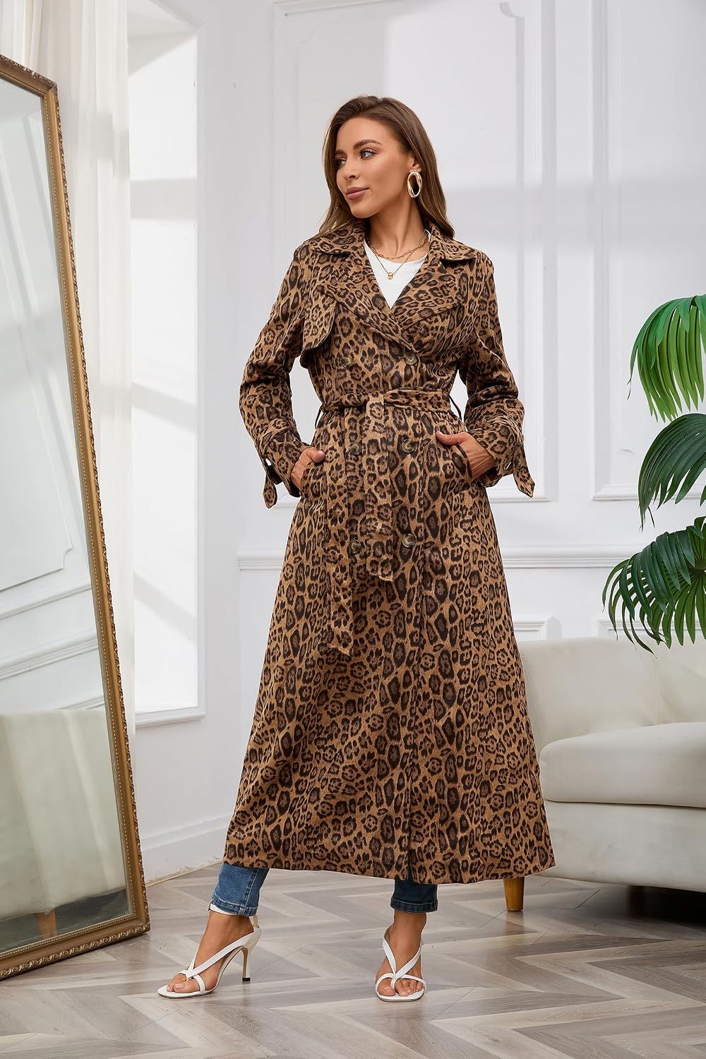 Womens Faux Suede Long Trench Coat Notched Lapel Double Breasted Pea Overcoat with Belt