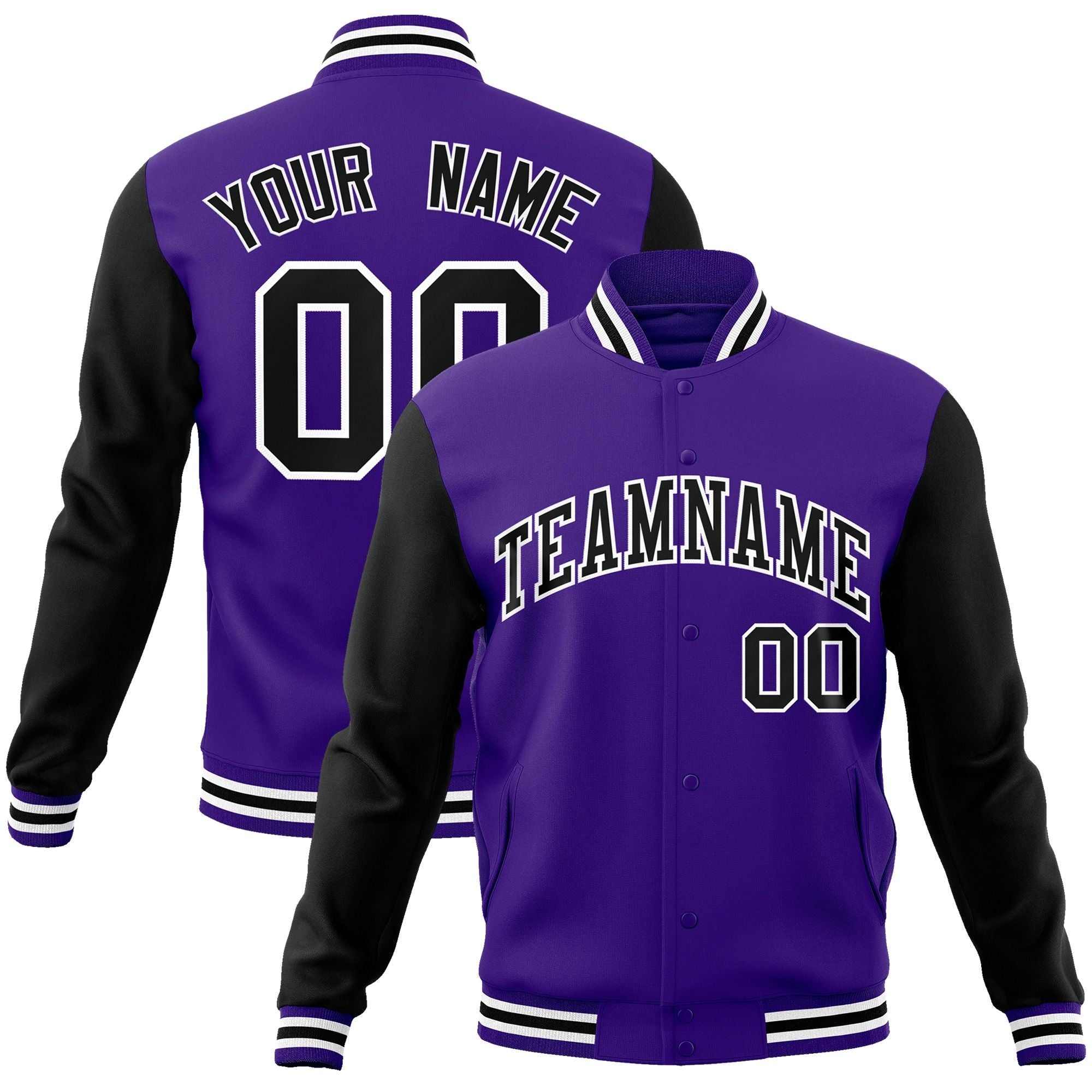 Benutzerdefinierte Varsity-Letterman-Jacke mit durchgehenden Druckknöpfen und Raglanärmeln Benutzerdefinierte Varsity-Letterman-Jacke mit durchgehenden Druckknöpfen und Raglanärmeln