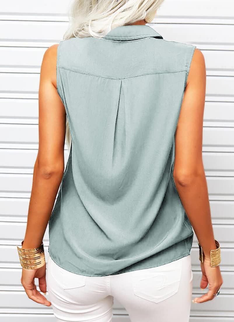 Women's Sleeveless Collared Shirt Button Down Sage Green