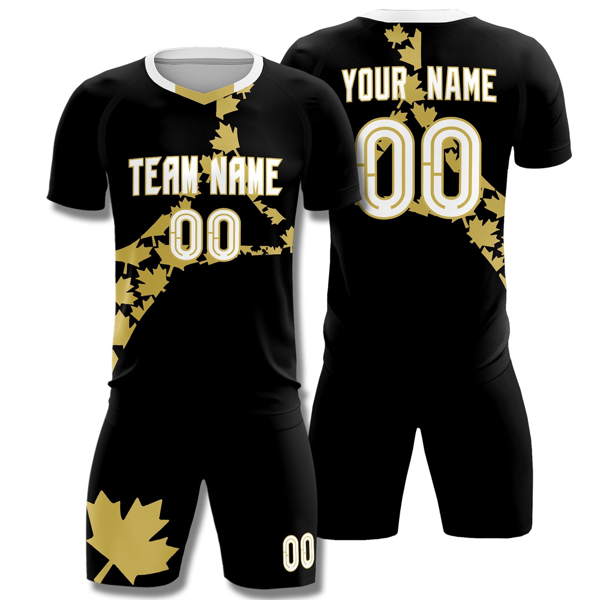 Benutzerdefiniertes, von der Fußballweltmeisterschaft inspiriertes, atmungsaktives Graffiti-Muster mit schwarzen, altgoldenen Kanada-Ahornblättern und Fußball-Sets-Trikot