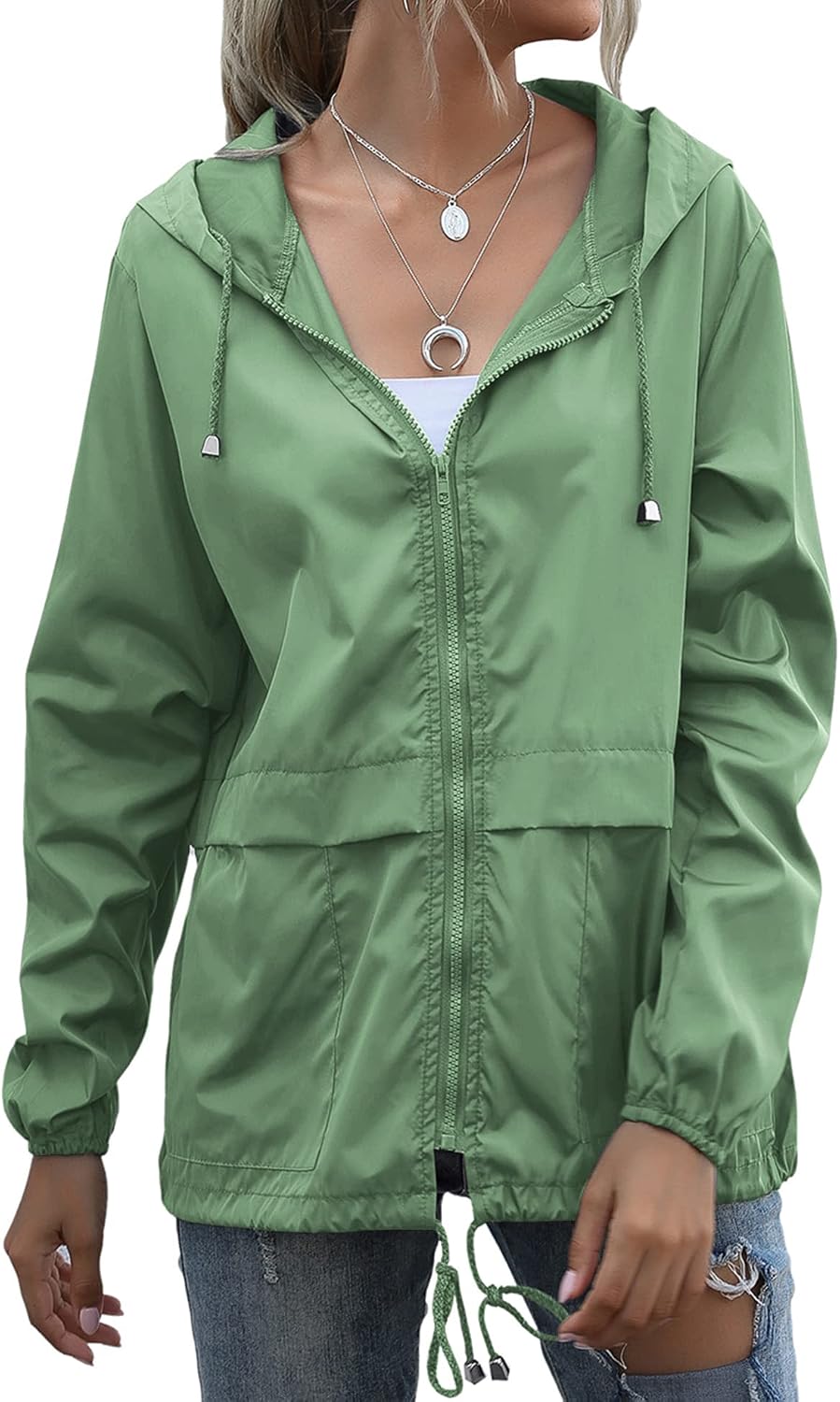 Women's Hooded Rain Jacket Waterproof Lightweight Sage Green