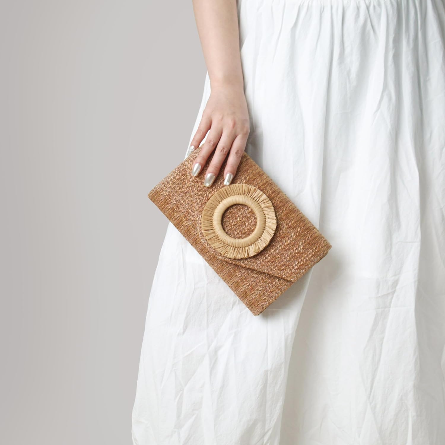 Women's Woven Straw Envelope Clutch with Gold Chain