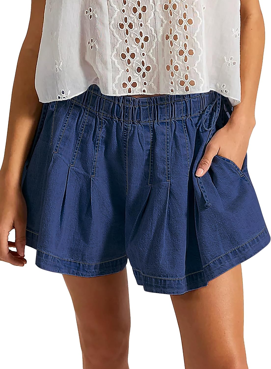 Jean Shorts Womens Elastic High Waisted Wide Leg Pleated Denim with Pockets Bow Summer Jorts for Women