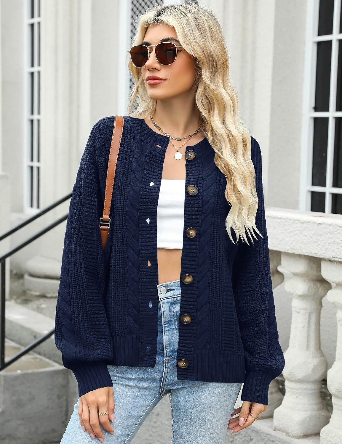 Women's Cable Knit Cardigan Open Front Sweater Casual Long Sleeve Button Coats Outerwear