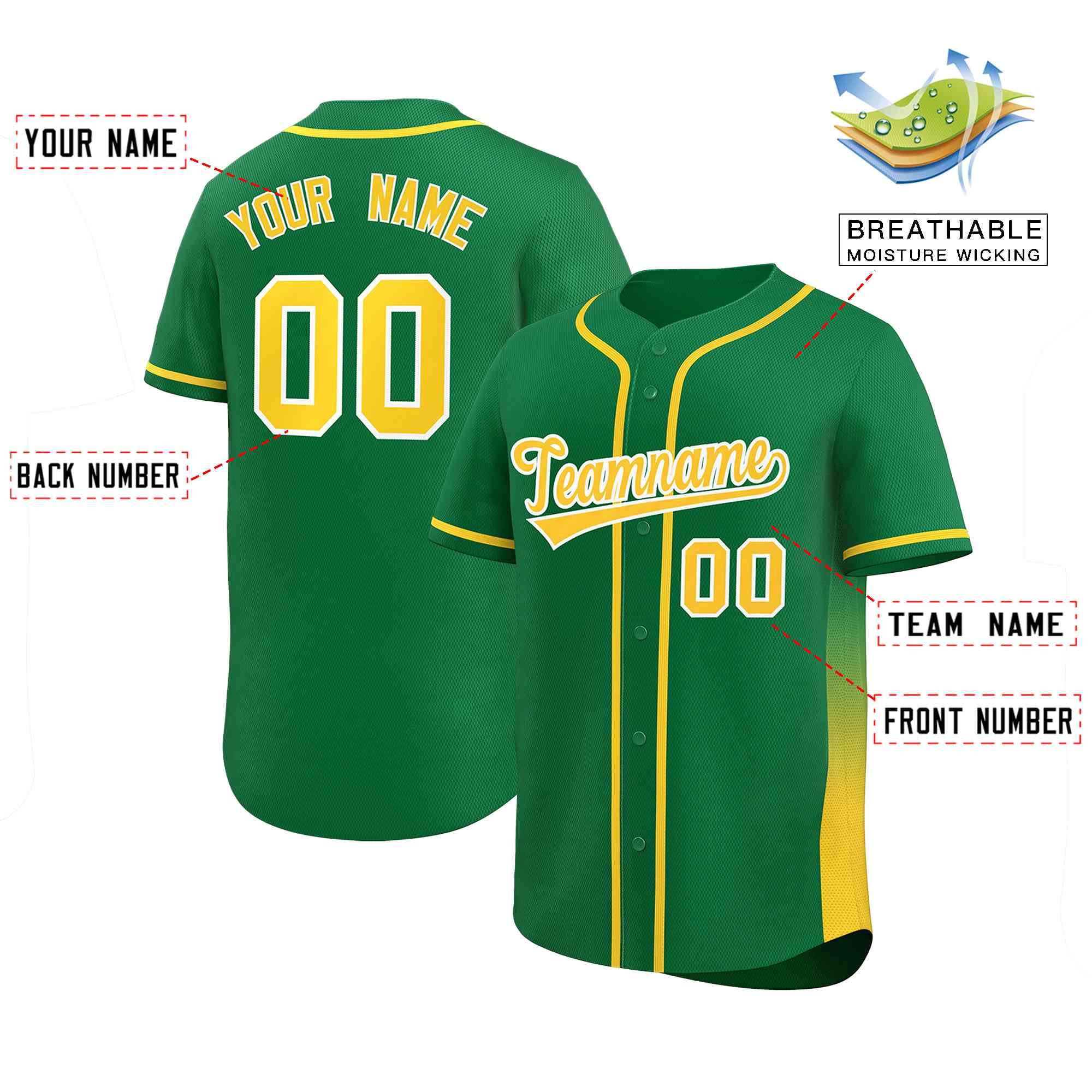 Benutzerdefinierte Kelly Green Gold personalisiertes authentisches Baseball-Trikot mit seitlichem Farbverlauf Benutzerdefinierte Kelly Green Gold personalisiertes authentisches Baseball-Trikot mit seitlichem Farbverlauf