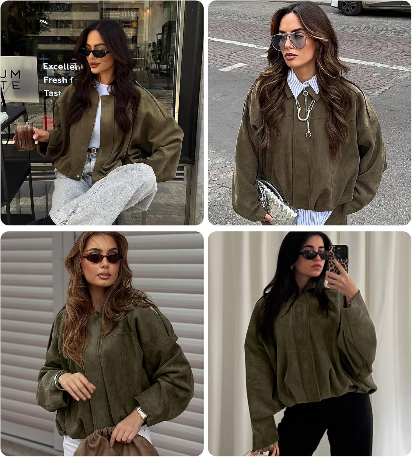 Womens Faux Suede Bomber Jacket Casual Lapel Pilot Cropped Coat Oversized Motorcycle Jackets Outerwear