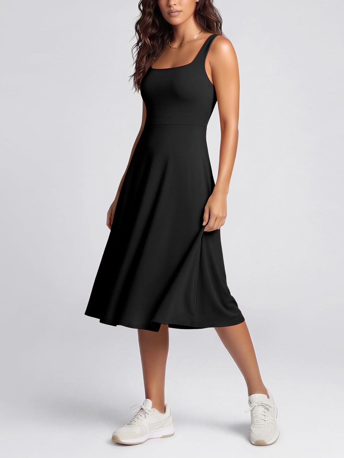 Women's Square Neck Midi Dress Flare Black with Pockets