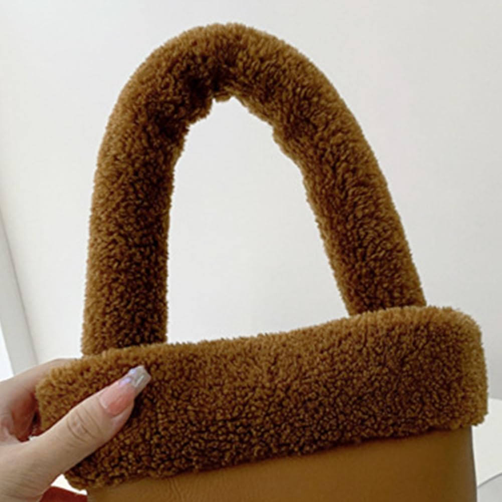 Women's Plush Teddy Top-Handle Bucket Bag, Brown