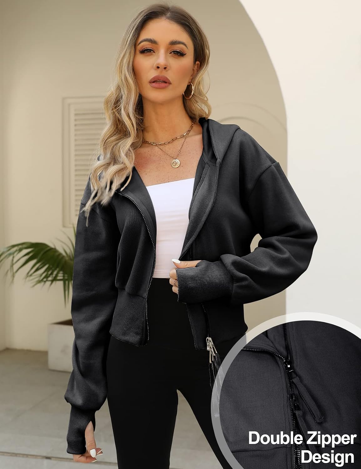 Cropped Hoodie Women Zip Up Long Sleeve Sweatshirts Casual Hooded Workout Jacket Crop