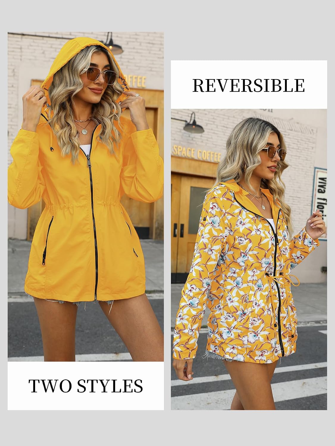 Women's Reversible Hooded Rain Jacket Floral Print Yellow