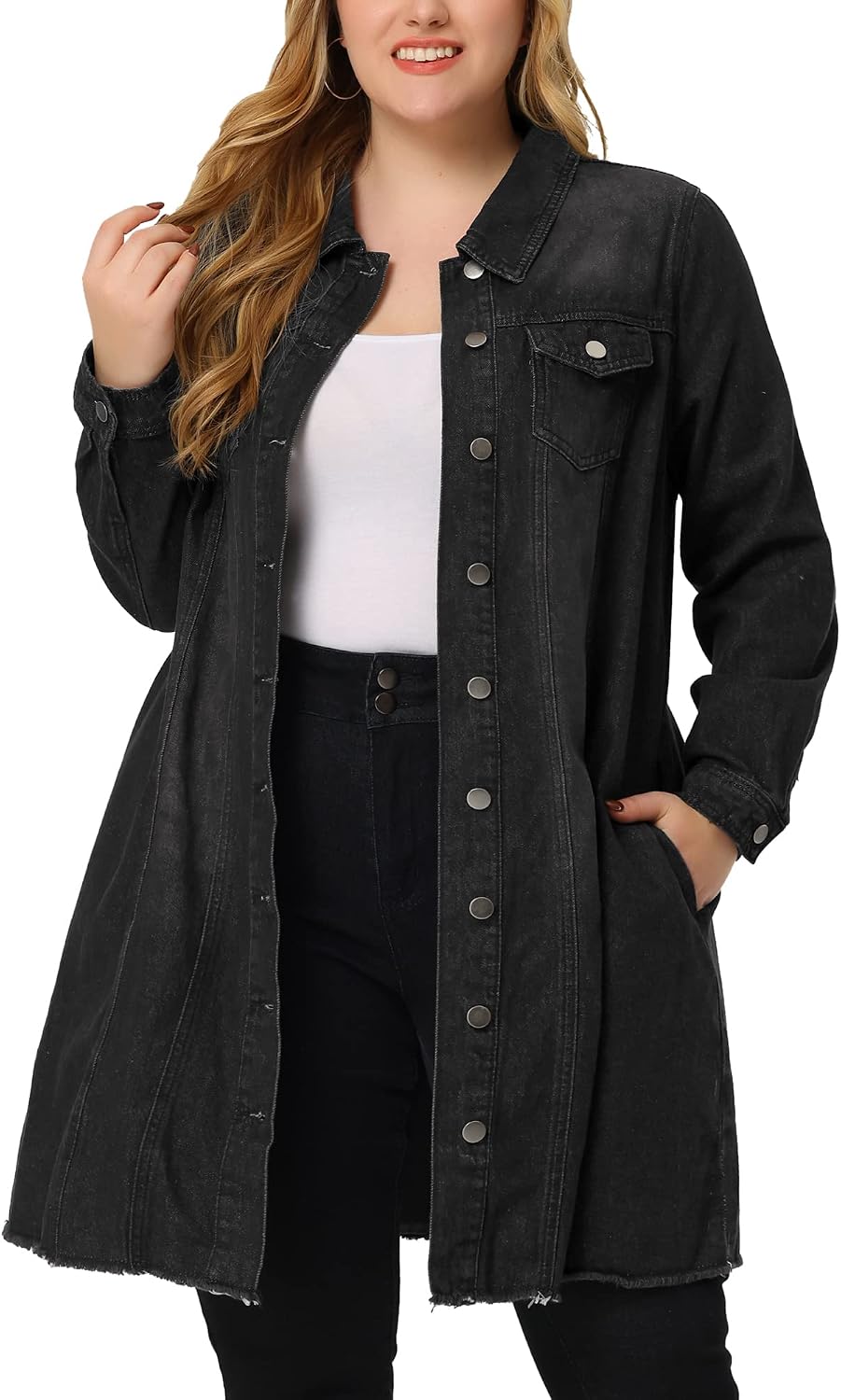 Women's Plus Size Washed Black Long Denim Jacket