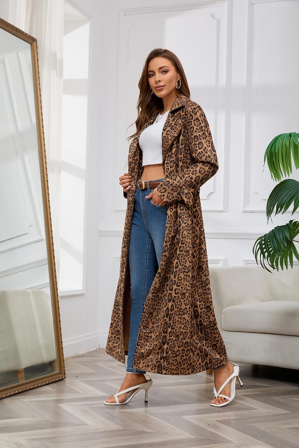 Womens Faux Suede Long Trench Coat Notched Lapel Double Breasted Pea Overcoat with Belt