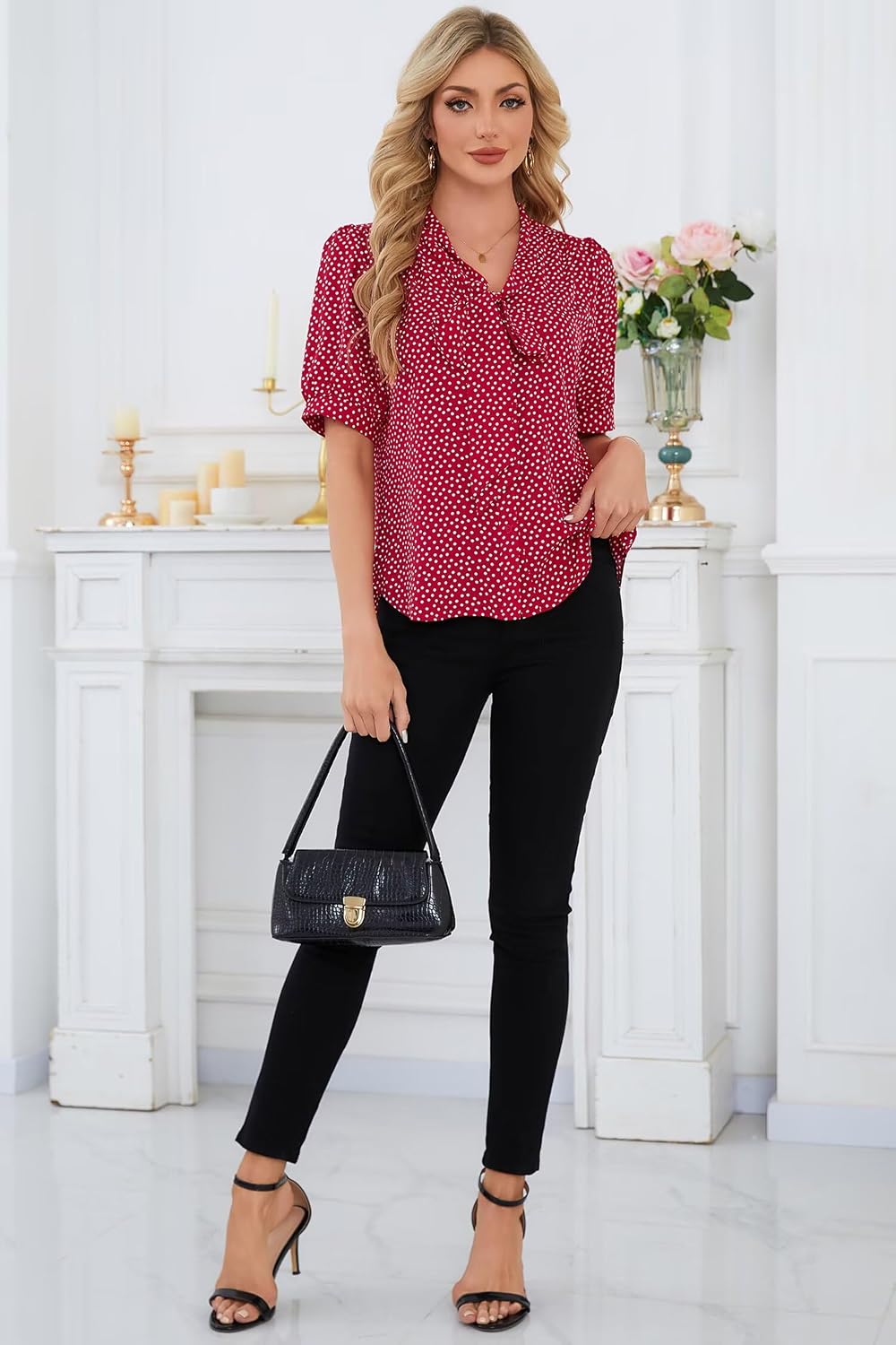 Blouses for Women Dressy Short Sleeve Shirts Bow Tie Neck Work Tops Business Outfits