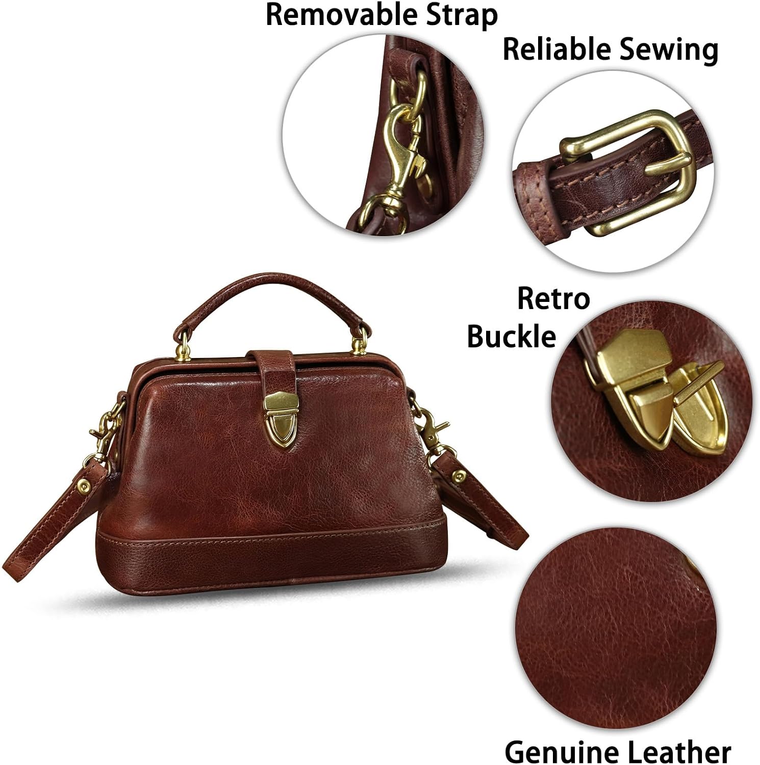 Women's Vintage Genuine Leather Kiss Lock Doctor Bag Brown Women's Vintage Genuine Leather Kiss Lock Doctor Bag Brown