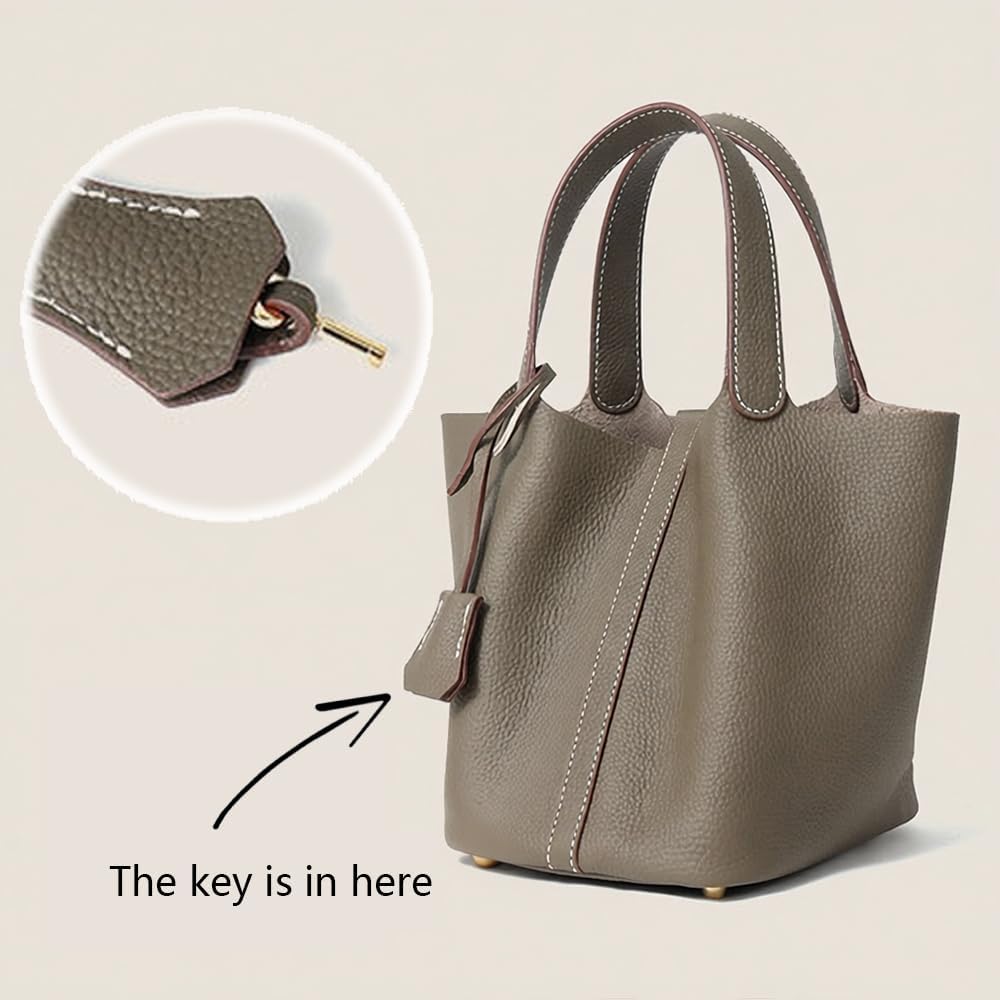 Women's Genuine Leather Bucket Tote Handbag With Lock Beige