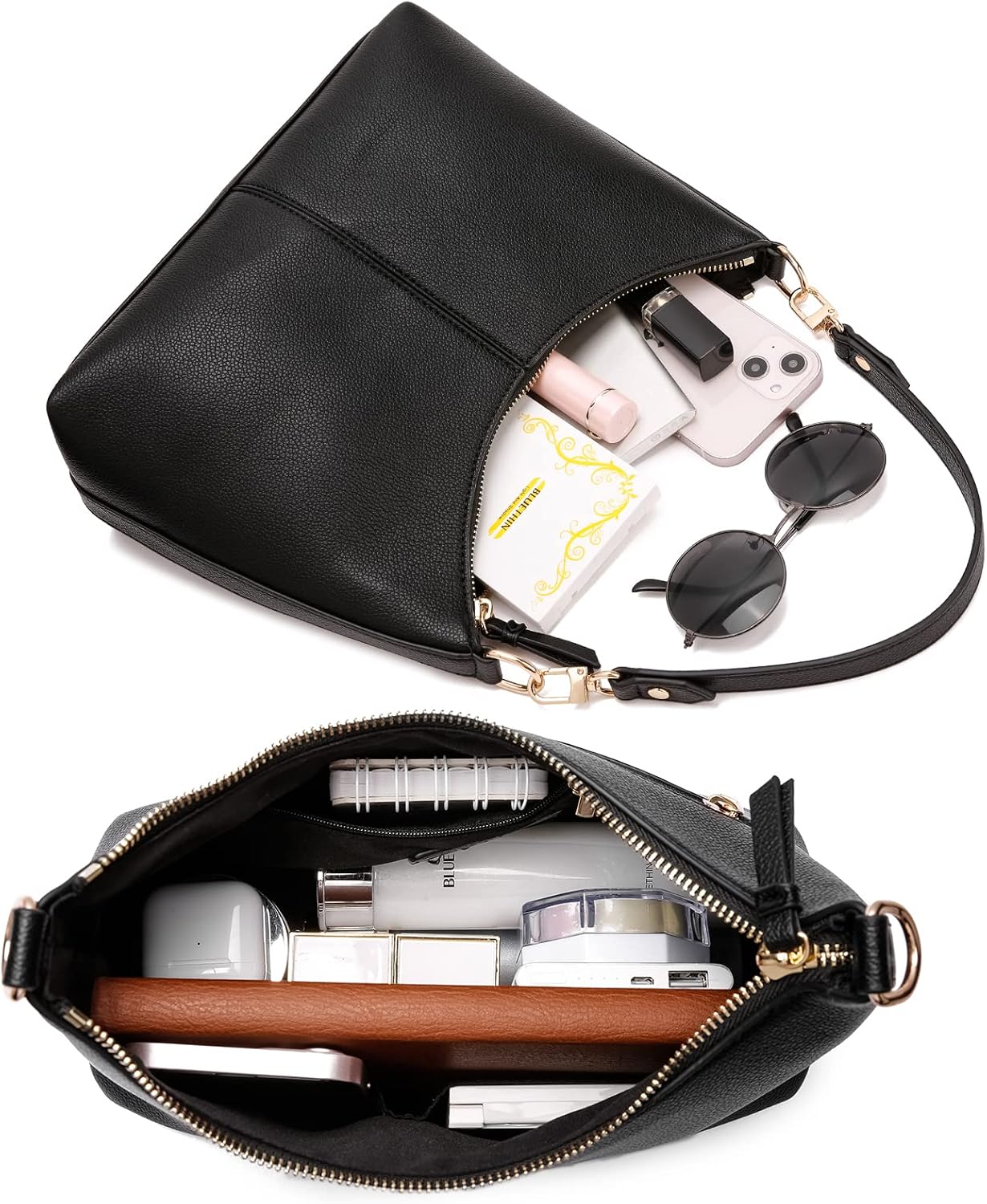 Women's Black PU 2-Way Shoulder Crossbody Bag Rose Gold