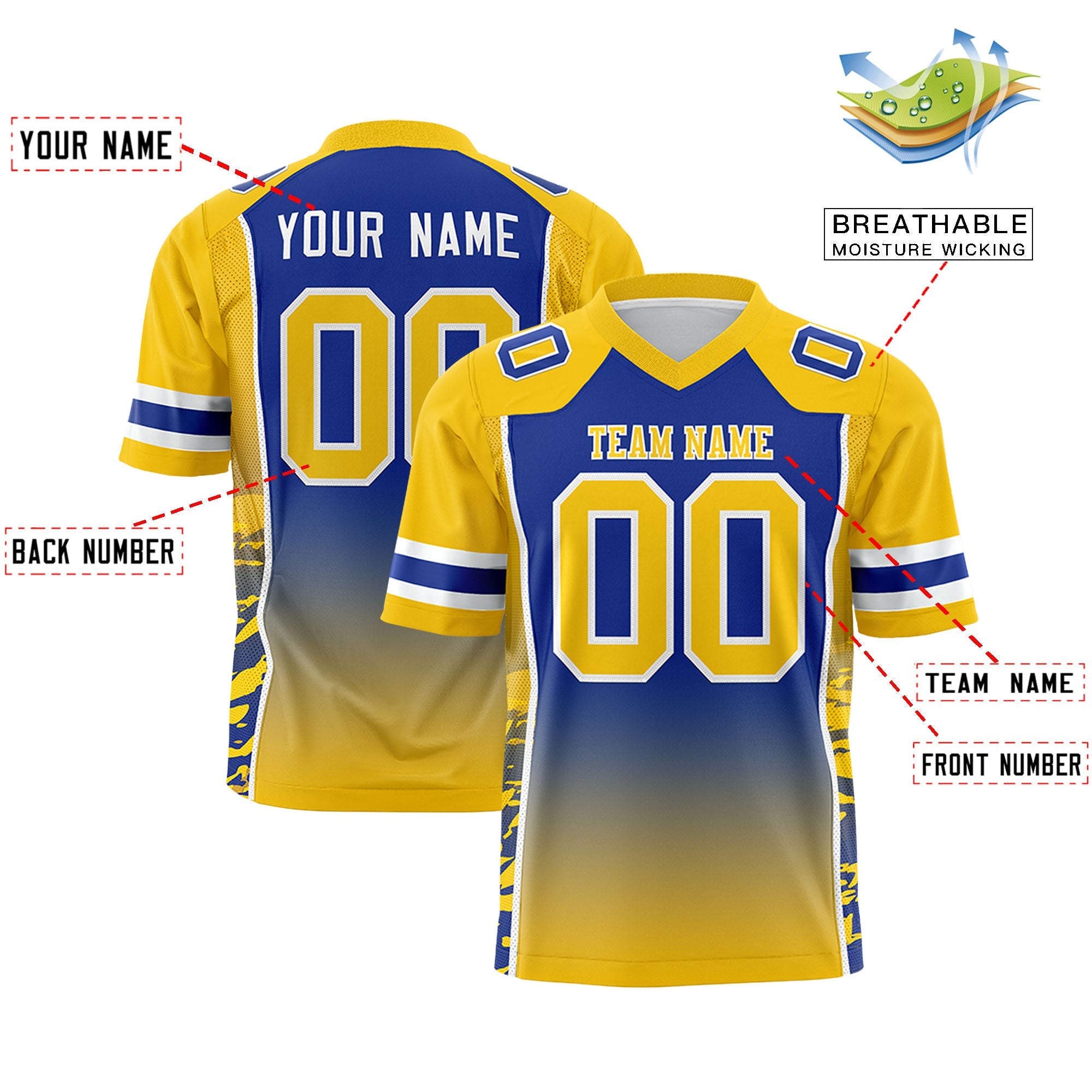 Authentisches Fußballtrikot mit individuellem Farbverlauf und personalisiertem Seitenmuster