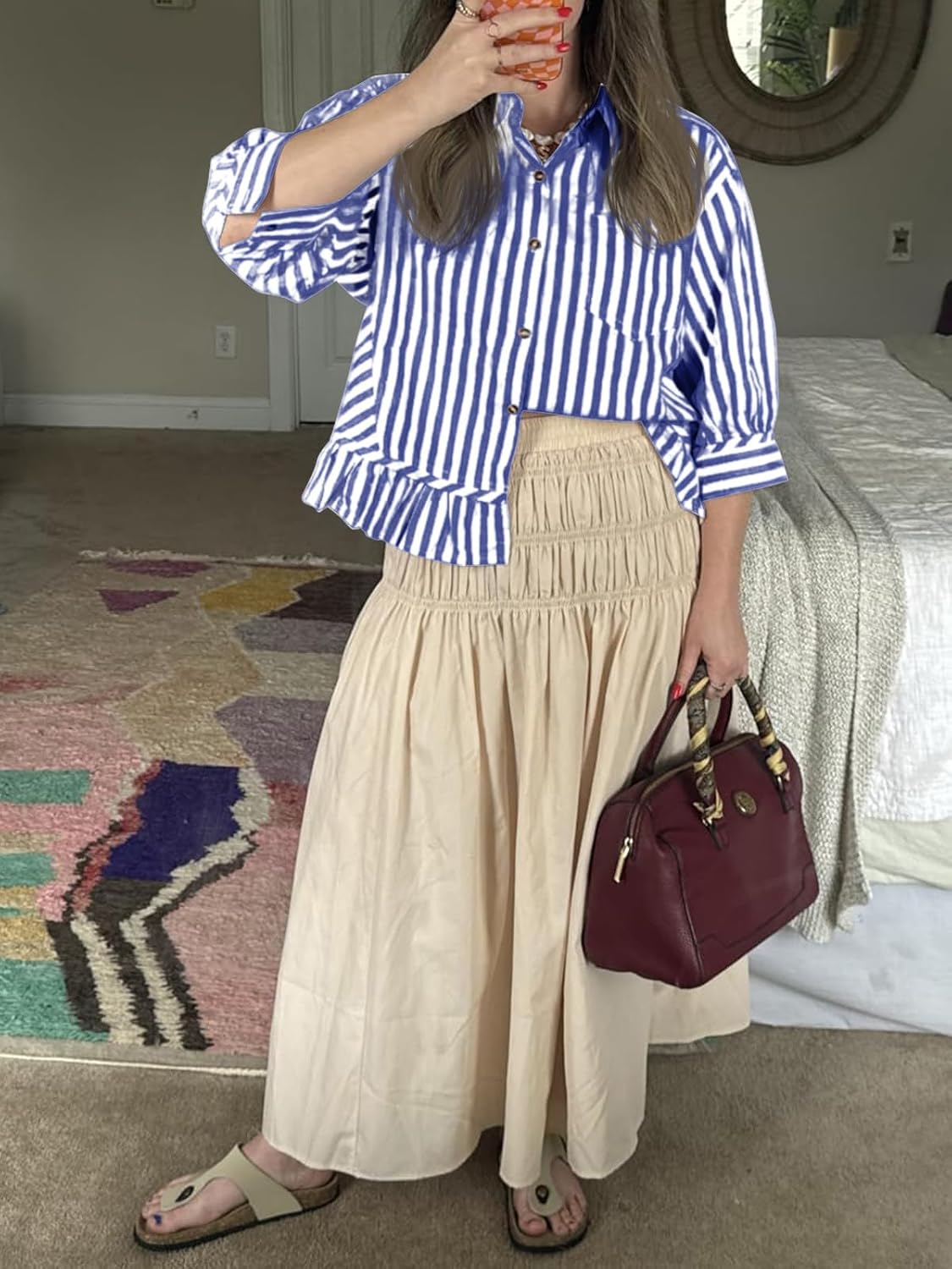 Womens Cropped Striped Button Down Shirts Ruffle 3-Quarter Length Tops Dressy Blouses Summer V Neck Tops Vacation Outfits